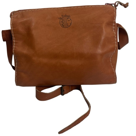 MALINCHE Crossbody Purse Tan Leather with Colorful Pastel Cloth Panel - Picture 5 of 13